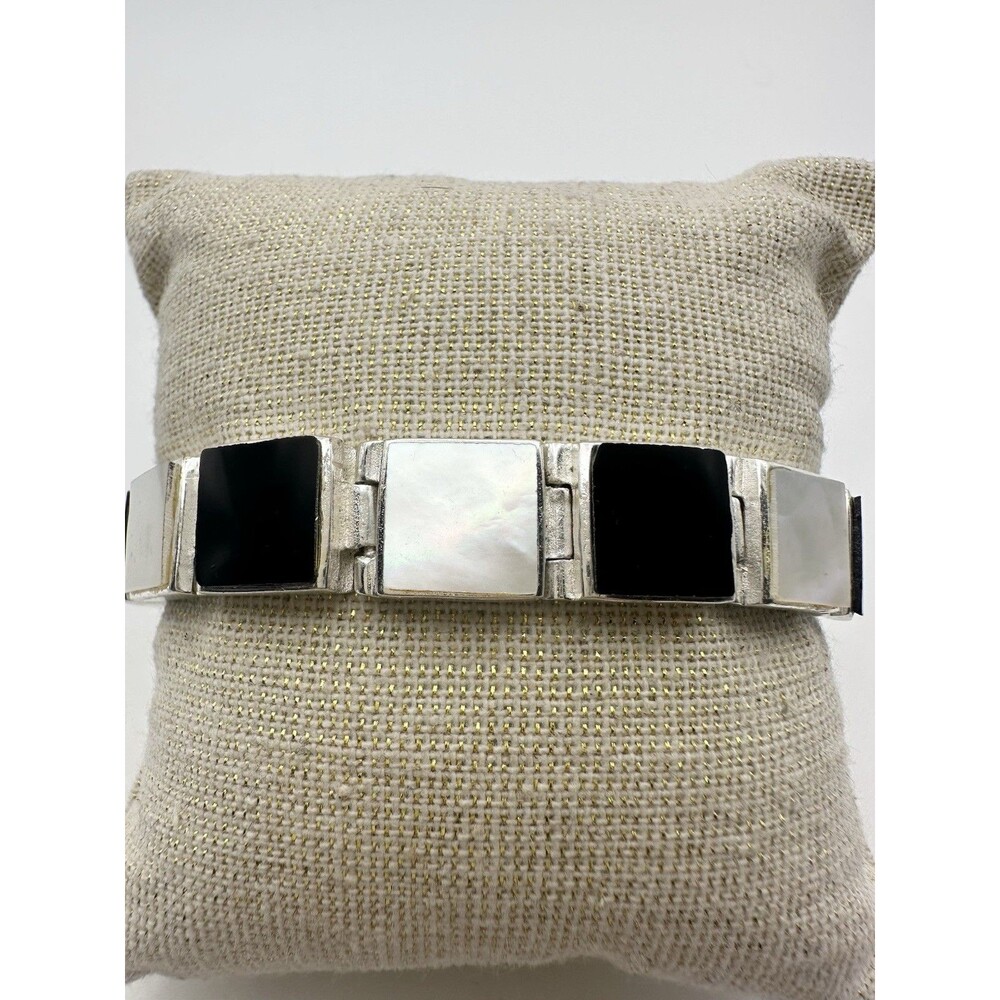 Black Onyx Mother Of Pearl Sterling Silver Link Bracelet ~ 7”